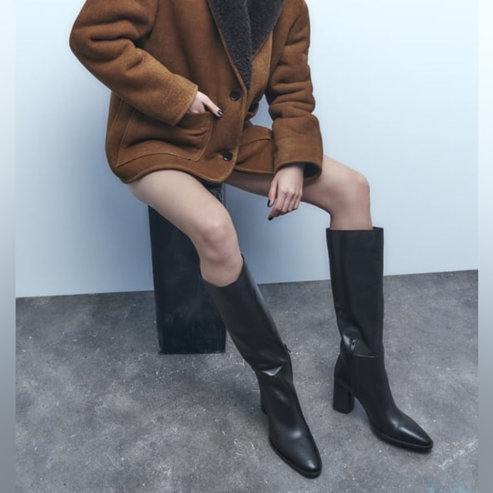 Zara LEATHER BLOCK-HEEL BOOTS sz 38